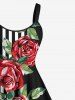 Plus Size Rose Flower Leaf Striped Print Hawaii Valentines A Line Tank Dress -  