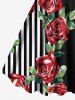 Plus Size Rose Flower Leaf Striped Print Hawaii Valentines A Line Tank Dress -  