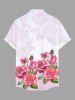Plus Size Rose Flower Leaf Print Ombre Valentines Hawaii Button Pocket Shirt For Men -  