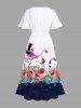 Plus Size Rose Flower Leaf Flamingo Print Hawaii Split Pocket A Line Midi Dress -  