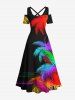 Plus Size Colorful Ombre Coconut Tree Tropical Leaves Print Hawaii  Cold Shoulder Crisscross A Line Maxi Dress -  