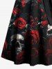 Robe Pin-Up Imprimée à Rose et Crâne avec Ceinture - Noir L