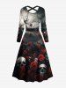 Skulls Rose Flower Ombre Print Crisscross Hawaii Dress With A Belt -  