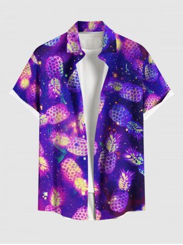 Plus Size Pineapple Ombre Galaxy Print Hawaii Button Pocket Shirt For Men - PURPLE - S