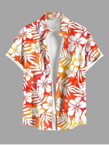 Plus Size Floral Tropical Leaves Print Hawaii Ombre Button Pocket Shirt For Men - ORANGE - S