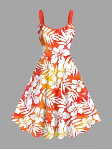 Plus Size Floral Tropical Leaves Print Hawaii Ombre A Line Tank Dress - ORANGE - 6X