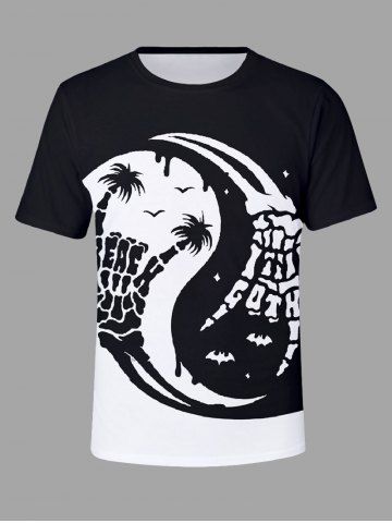 Plus Size Skeleton Hand Tai Chi Coconut Tree Bat Print Hawaii T-shirt For Men - BLACK - S