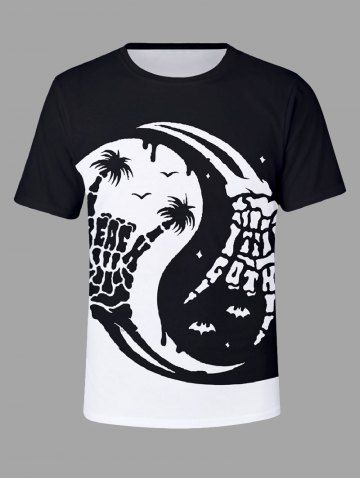 Plus Size Skeleton Hand Tai Chi Coconut Tree Bat Print Hawaii T-shirt For Men - BLACK - 4XL