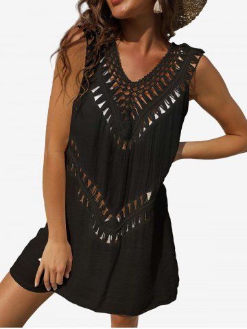 Solid Hollow Out Braided Beach Cover Up Dress - BLACK - ONE SIZE