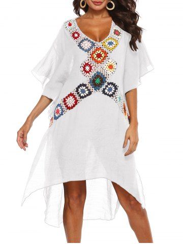 Colorful Floral Hollow Out Crochet Sheer Split Beach Cover Up - WHITE - ONE SIZE