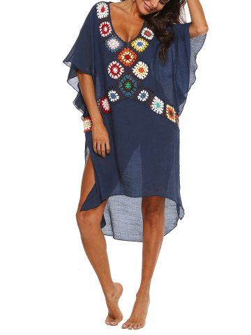 Colorful Floral Hollow Out Crochet Sheer Split Beach Cover Up - BLUE - ONE SIZE