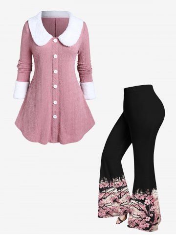 Faux Fur Panel Knitted Top and Plum Bossom Flower Print Flare Pants Plus Size Outfit