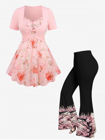 Hot Stamping Flower Print Chiffon Cami Top and Ribbed Crop Top and Plum Bossom Print Flare Pants Plus Size Outfit - LIGHT PINK