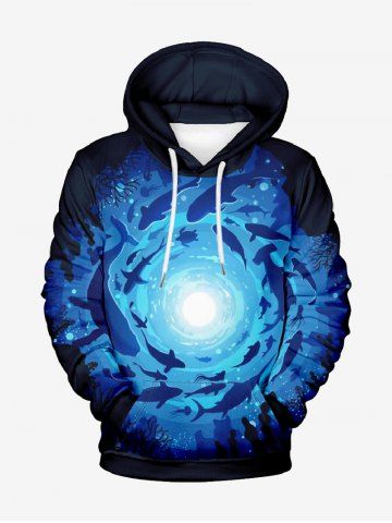 Plus Size Underwater World Dolphin Print Pocket Drawstring Hawaii Hoodie For Men - DEEP BLUE - 5XL