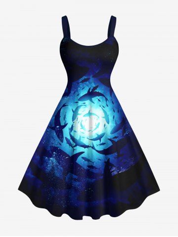 Plus Size Underwater World Dolphin Print Hawaii Tank Dress