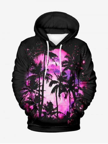 Plus Size Coconut Tree Tie Dye Sky Print Pocket Drawstring Hawaii Hoodie For Men - BLACK - 5XL