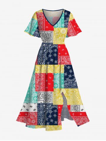 Plus Size Paisley Floral Scarf Print Split Hawaii Midi Dress - MULTI-A - 5X