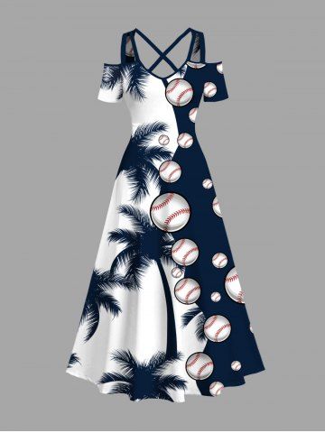 Plus Size Coconut Tree Baseball Colorblock Print Cold Shoulder Crisscross Hawaii Maxi Dress - WHITE - M