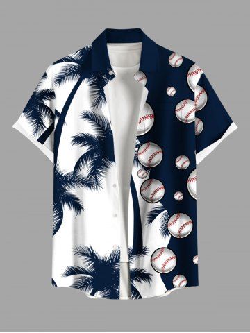Plus Size Coconut Tree Baseball Colorblock Print Buttons Pocket Hawaii Shirt For Men - BLUE - XL