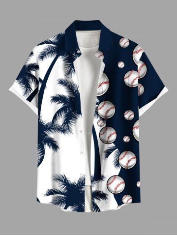 Plus Size Coconut Tree Baseball Colorblock Print Buttons Pocket Hawaii Shirt For Men - BLUE - 4XL