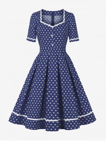 Polka Dot Print Buttons Zipper Back Pleated Vintage Dress - BLUE - S