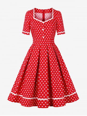 Polka Dot Print Buttons Zipper Back Pleated Vintage Dress - RED - S