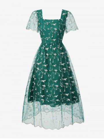 Floral Embroidery Mesh Ruffles Lace Trim Vintage Dress - GREEN - S