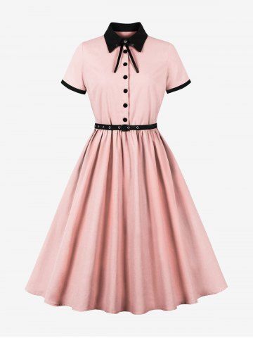 Zipper Buttons Shirt Collor Tie Bowknot Vintage Dress With Grommets Belt