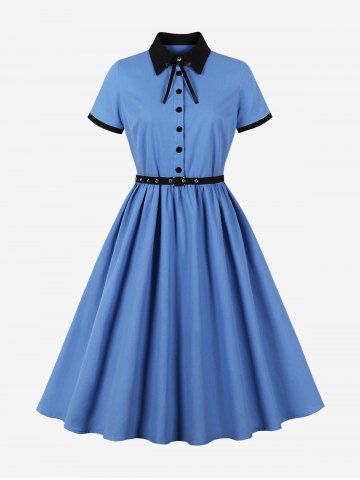 Zipper Buttons Shirt Collor Tie Bowknot Vintage Dress With Grommets Belt - BLUE - S