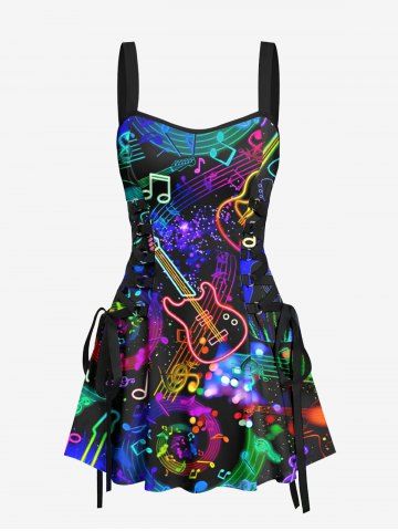 Music Notes Guitar Colorful Glitter 3D Print Lace Up Tank Dress - MULTI-A - M
