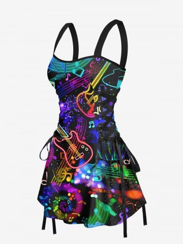 Music Notes Guitar Colorful Glitter 3D Print Lace Up Tank Dress