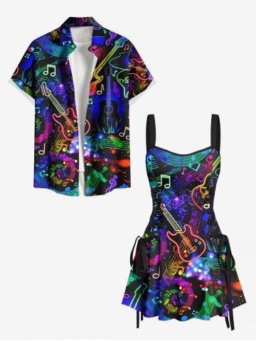 Music Notes Guitar Colorful Glitter 3D Print Lace Up Tank Dress