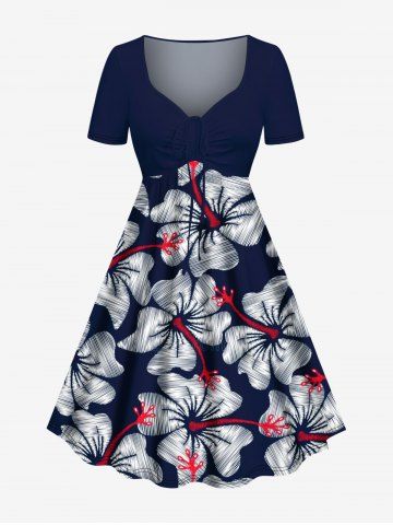 Plus Size Tropical Hibiscus Flower Print Cinched Hawaii Dress - DEEP BLUE - M