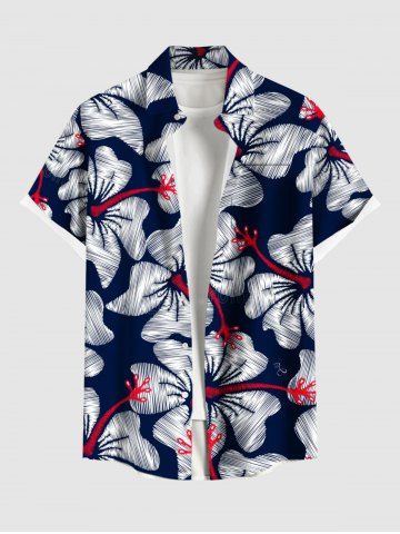 Plus Size Tropical Hibiscus Flower Print Buttons Pocket Hawaii Shirt For Men - BLUE - 3XL