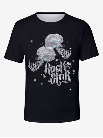 Plus Size Glitter Sparkling Skull Skeleton Letters Print Hawaii Rock Music T-shirt For Men - BLACK - S