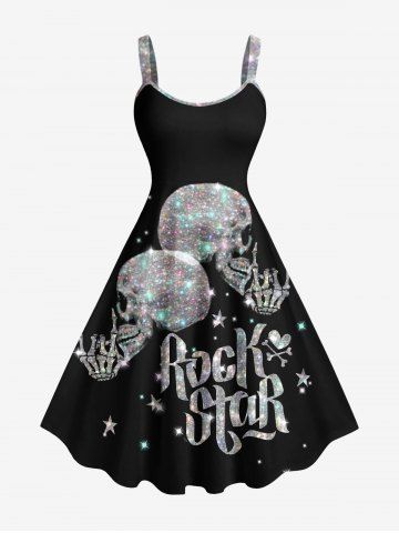 Plus Size Glitter Sparkling Skull Skeleton Letters Print Hawaii Music Rock A Line Tank Dress - BLACK - M