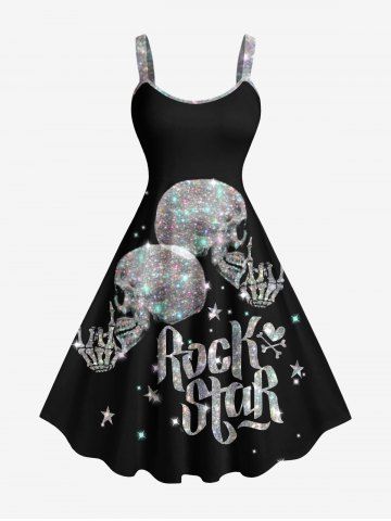 Plus Size Glitter Sparkling Skull Skeleton Letters Print Hawaii Music Rock A Line Tank Dress - BLACK - 1X
