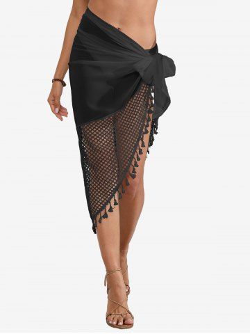 Hollow Out Panel Tassel Trim Convertible Sheer See Through Beach Cover Up - BLACK - ONE SIZE