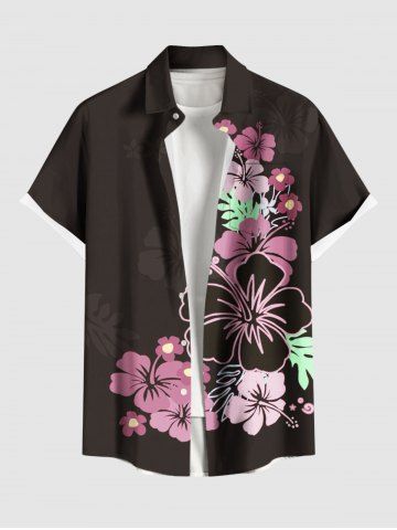 Plus Size Floral Butterfly Leaves Print Hawaii Button Pocket Shirt For Men