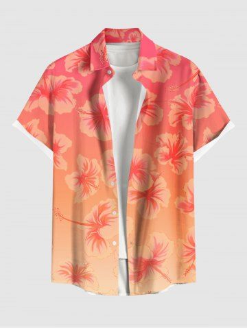 Plus Size Floral Dip Dye Ombre Print Hawaii Button Pocket Shirt For Men - ORANGE - 4XL