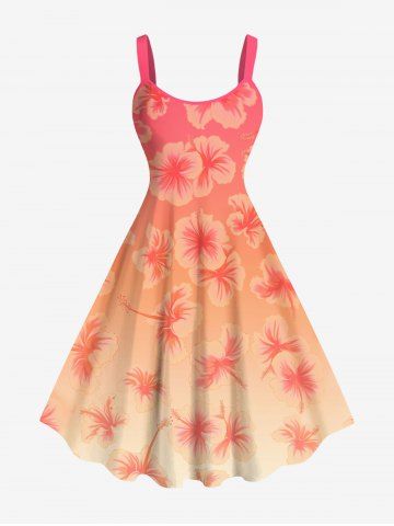 Plus Size Floral Dip Dye Ombre Print Hawaii A Line Tank Dress - ORANGE - XS