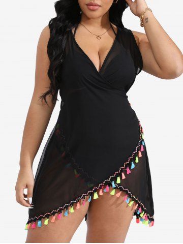 Plus Size Colorful Tassel Trim Crossover Surplice Plunging Sheer See Thru Tied Back Beach Cover Up - BLACK - 1XL