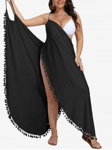 Plus Size Tassel Trim Solid Convertible Beach Cover Up Dress - BLACK - 1XL