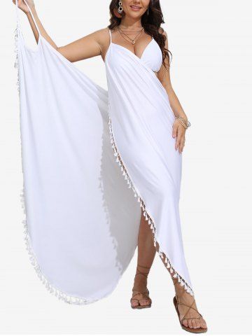 Plus Size Tassel Trim Solid Convertible Beach Cover Up Dress - WHITE - 1XL