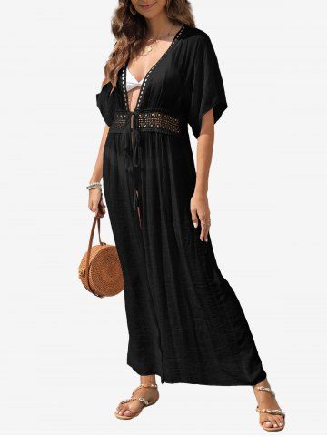 Hollow Out Waist Solid Tied Semi Sheer Longline Beach Cover Up - BLACK - S