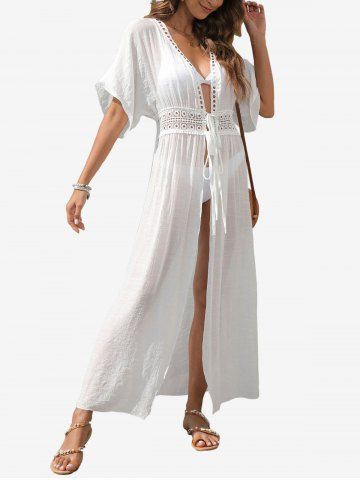 Hollow Out Waist Solid Tied Semi Sheer Longline Beach Cover Up - WHITE - S