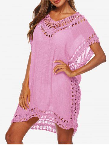 Hollow Out Crochet Solid Pullover Beach Cover Up - LIGHT PINK - ONE SIZE