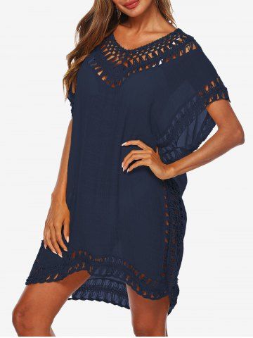 Hollow Out Crochet Solid Pullover Beach Cover Up - DEEP BLUE - ONE SIZE