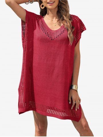 Solid Hollow Out Crochet Split Side Beach Cover Up - RED - ONE SIZE