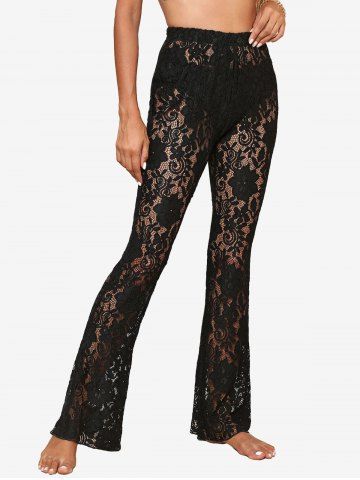 Floral Lace See Through Beach Pants - BLACK - S